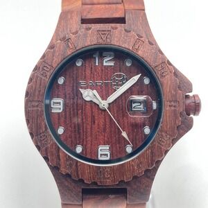 Earth Raywood Men's Wooden Watch 41mm Date Red Cherry Mahogany New Battery 8.25"
